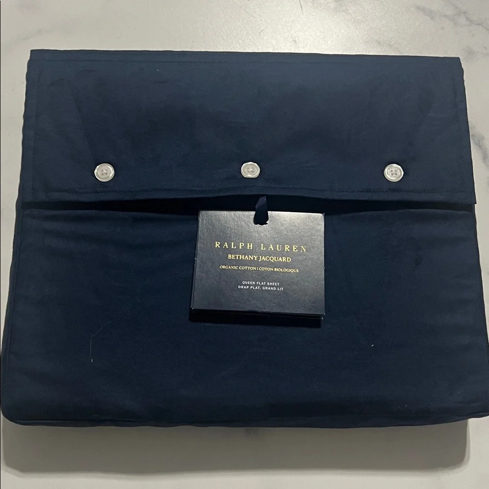 Ralph Lauren Organic Cotton Bethany Jacquard Queen Flat Sheet in Polo Navy, NWT